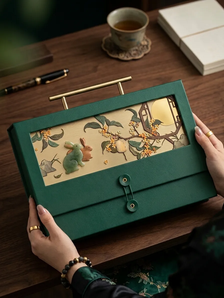 Green keepsake trunk with a painted garden lid and brass handle