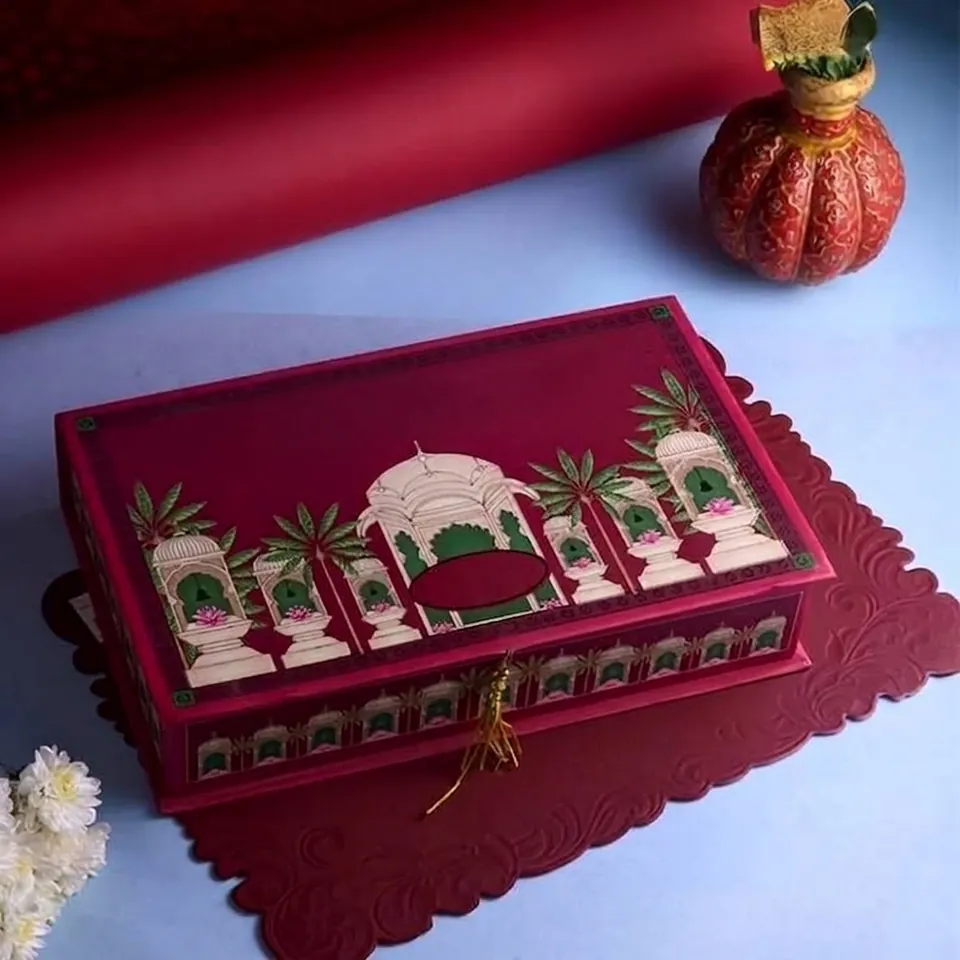 Crimson keepsake chest with gold palace arches