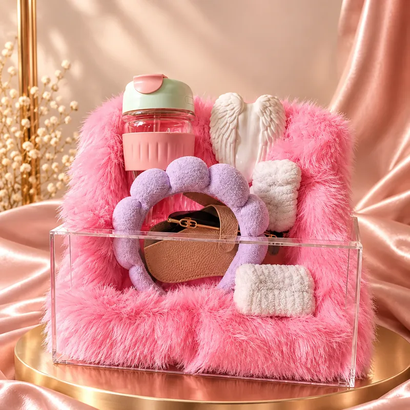Bride-to-be pamper box: a clear case lined with pink faux fur, with a tumbler, spa headband and keepsakes