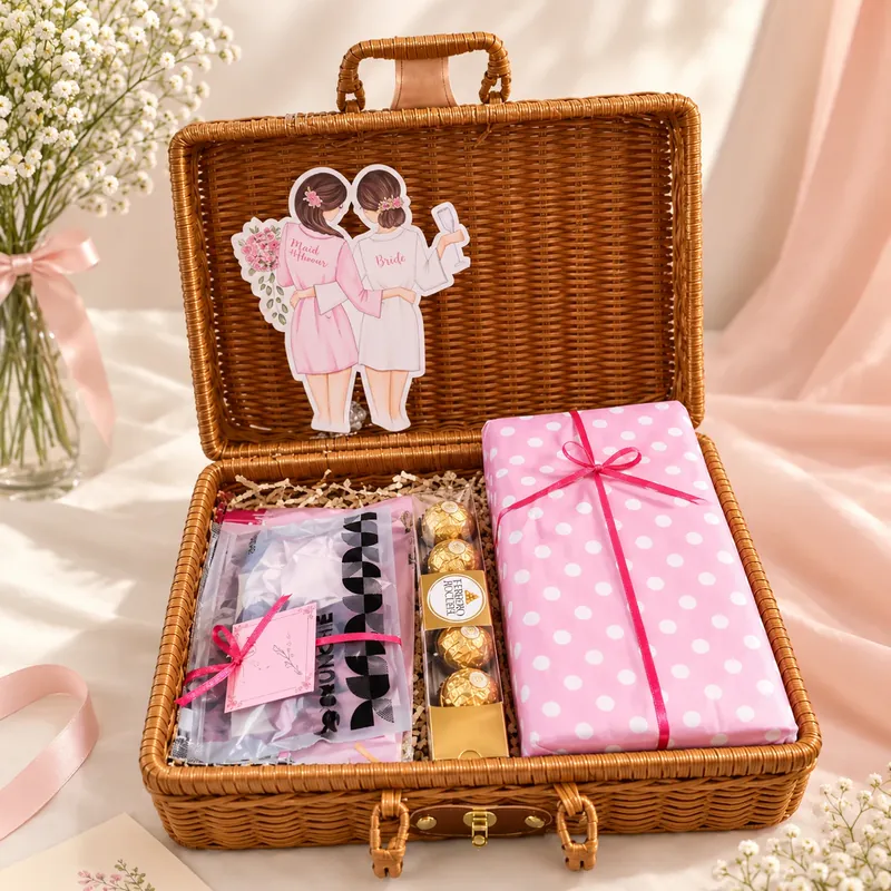 Bridesmaid proposal box: a rattan case with an illustration of the bride and her maid of honour, chocolates and a wrapped gift