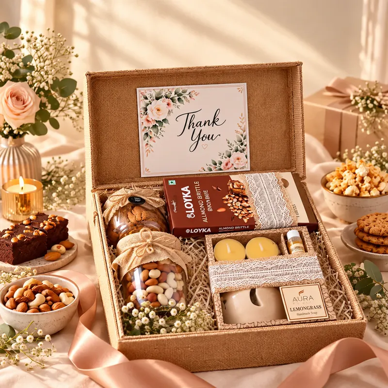 Thank-you hamper in a jute keepsake box with a floral thank-you card, treats and handmade soap