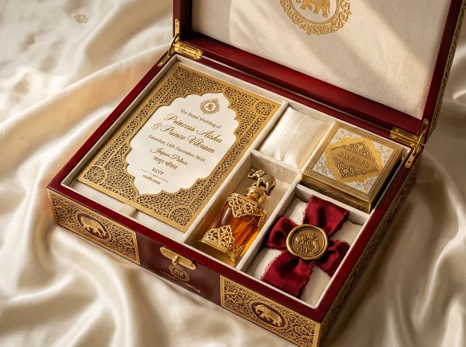Invitation hamper with an invitation card and keepsakes