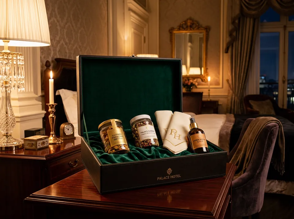 Room hamper with treats for wedding guests